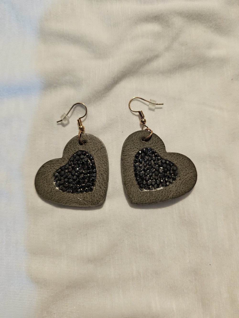Leather Heart Drop Earrings with Black Crystal Inlay - Unbranded